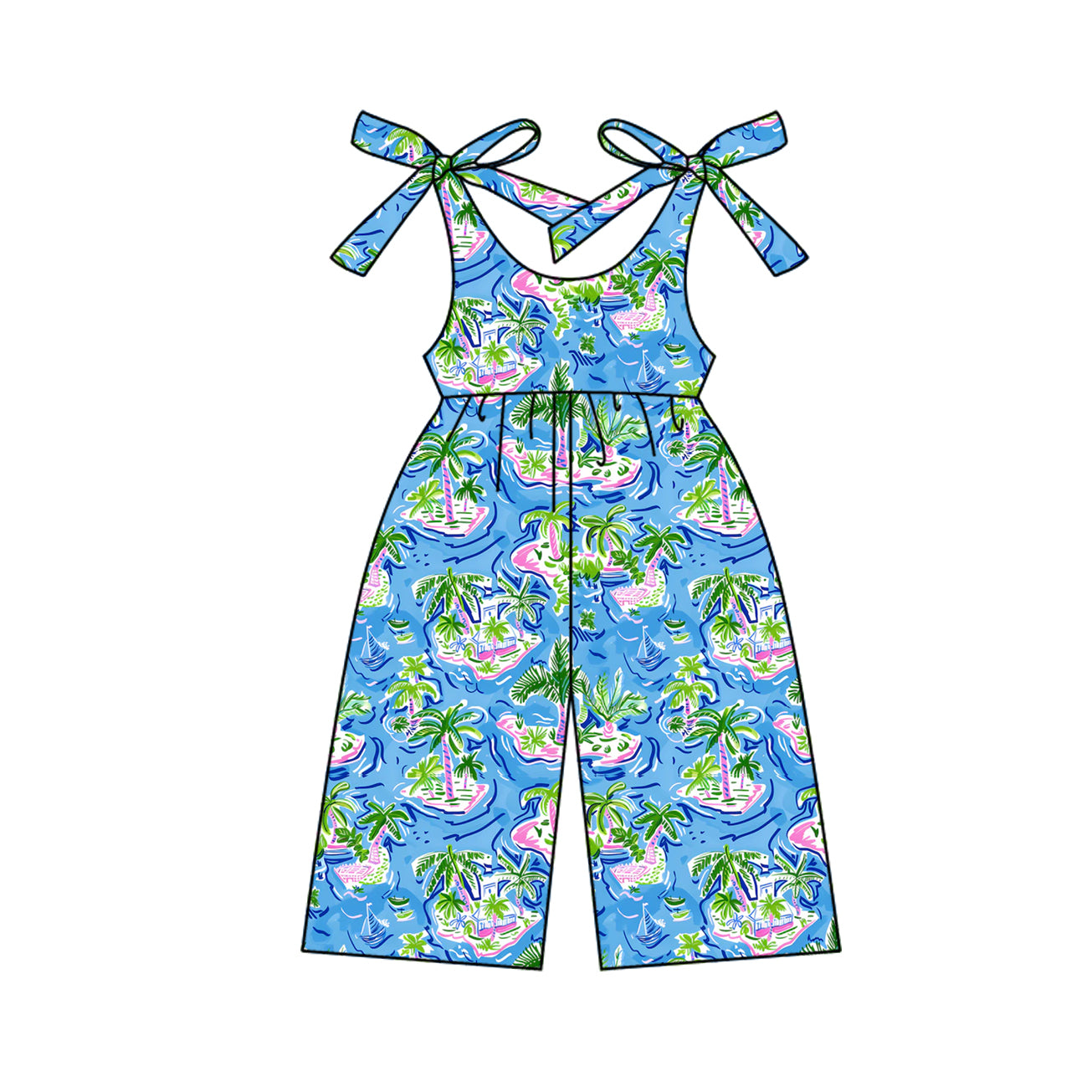 6.06  pre order Girls Sleeveless Watercolor Trees Boat Print Top Shorts Set Summer Clothing Casual Breathable Outfit for Little Girls