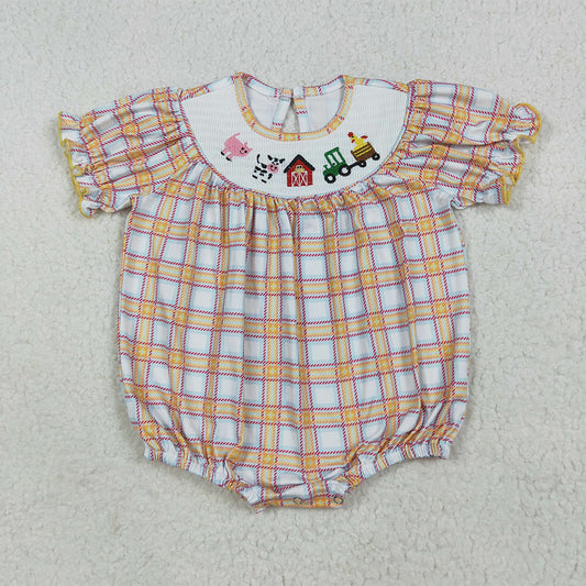 RTS NO MOQ （In stock） SR2982 Baby Girls Summer Rompers Short sleeves plaid cow tractor farm baby girls romper