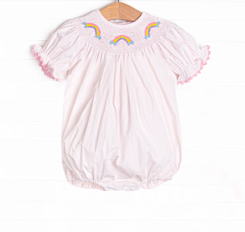 SR2983 Pre order Short sleeves pink polka dots rainbow baby girls romper