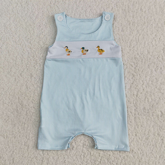 4.26 SR2991 RTS NO MOQ Baby Boys Summer Rompers Embroidery Baby Infant Boys Blue Stripe Sleeveless Ducks Button Rompers