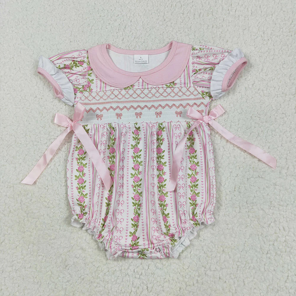 9.29  RTS Smocked Embroidery Bows Baby Girls Flowers Stripe Knee Length Dresses Ruffle Rompers