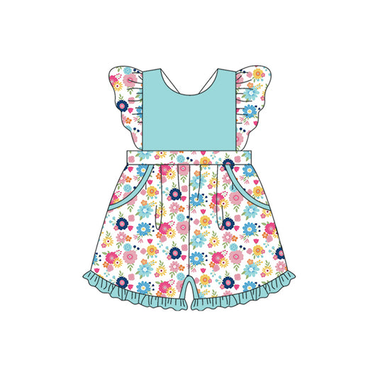 4.23 SR3009 Pre order Flutter sleeves floral pockets ruffle baby girls jumpsuit