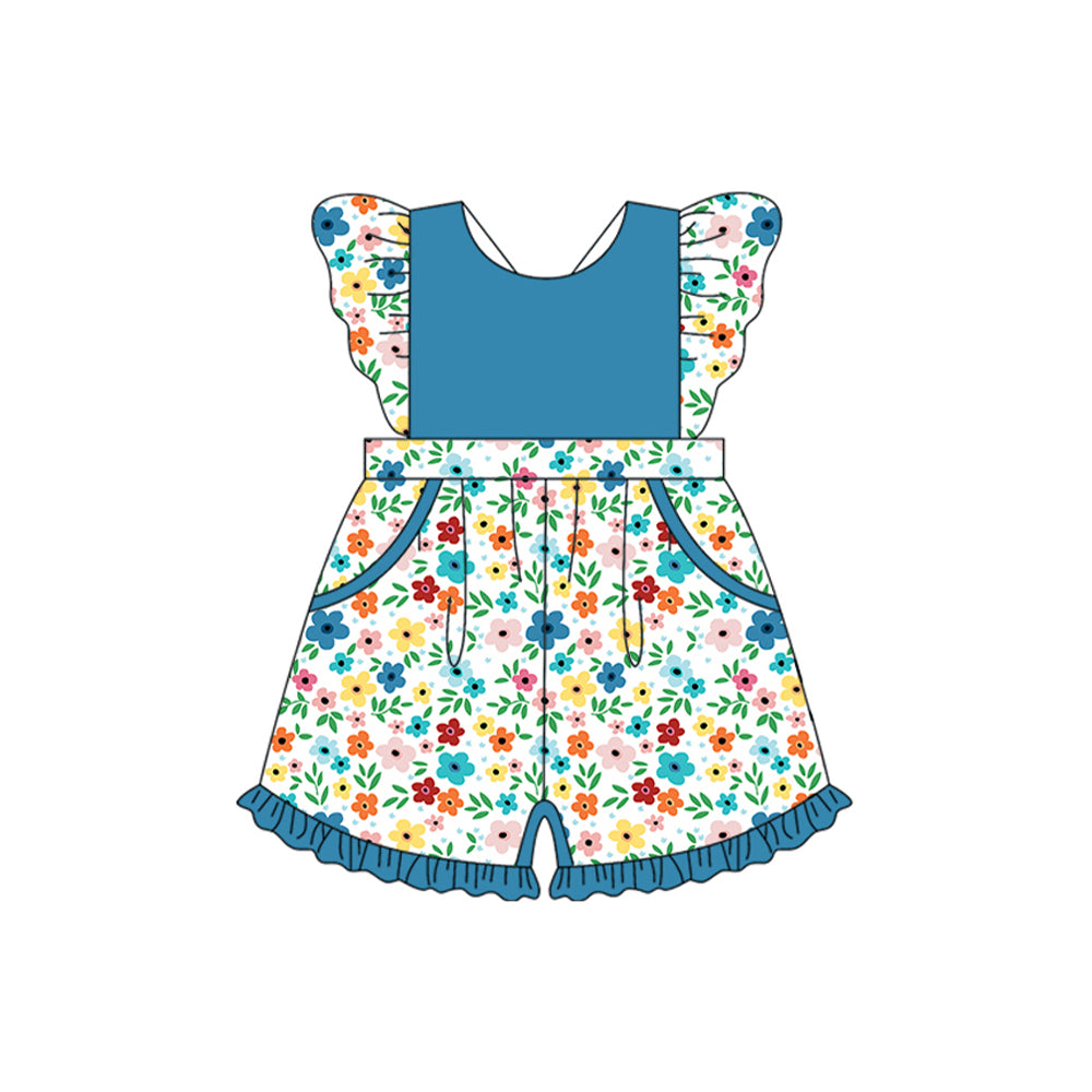 4.23 SR3010 Pre order Flutter sleeves blue floral pockets ruffle girls jumpsuit