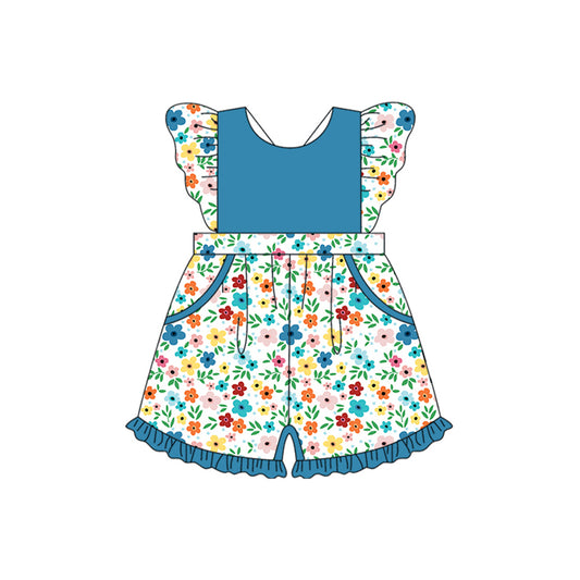 4.23 SR3010 Pre order Flutter sleeves blue floral pockets ruffle girls jumpsuit
