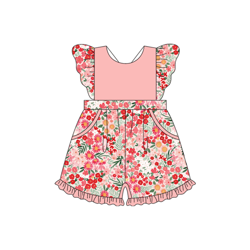 4.23 SR3011 Pre order Flutter sleeves peach floral pockets ruffle girls jumpsuit
