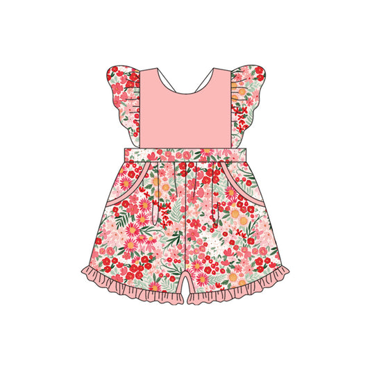 4.23 SR3011 Pre order Flutter sleeves peach floral pockets ruffle girls jumpsuit