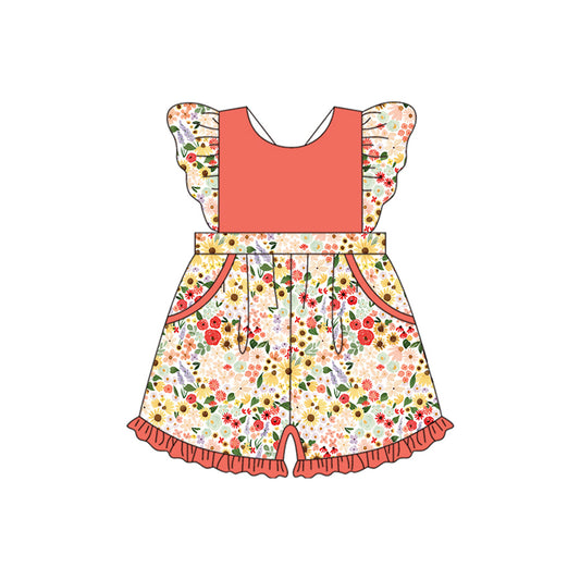 4.23 SR3012 Pre order Flutter sleeves orange floral pockets ruffle girls jumpsuit