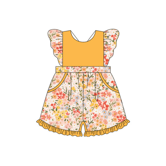 4.23 SR3013 Pre order Flutter sleeves yellow floral pockets ruffle girls jumpsuit