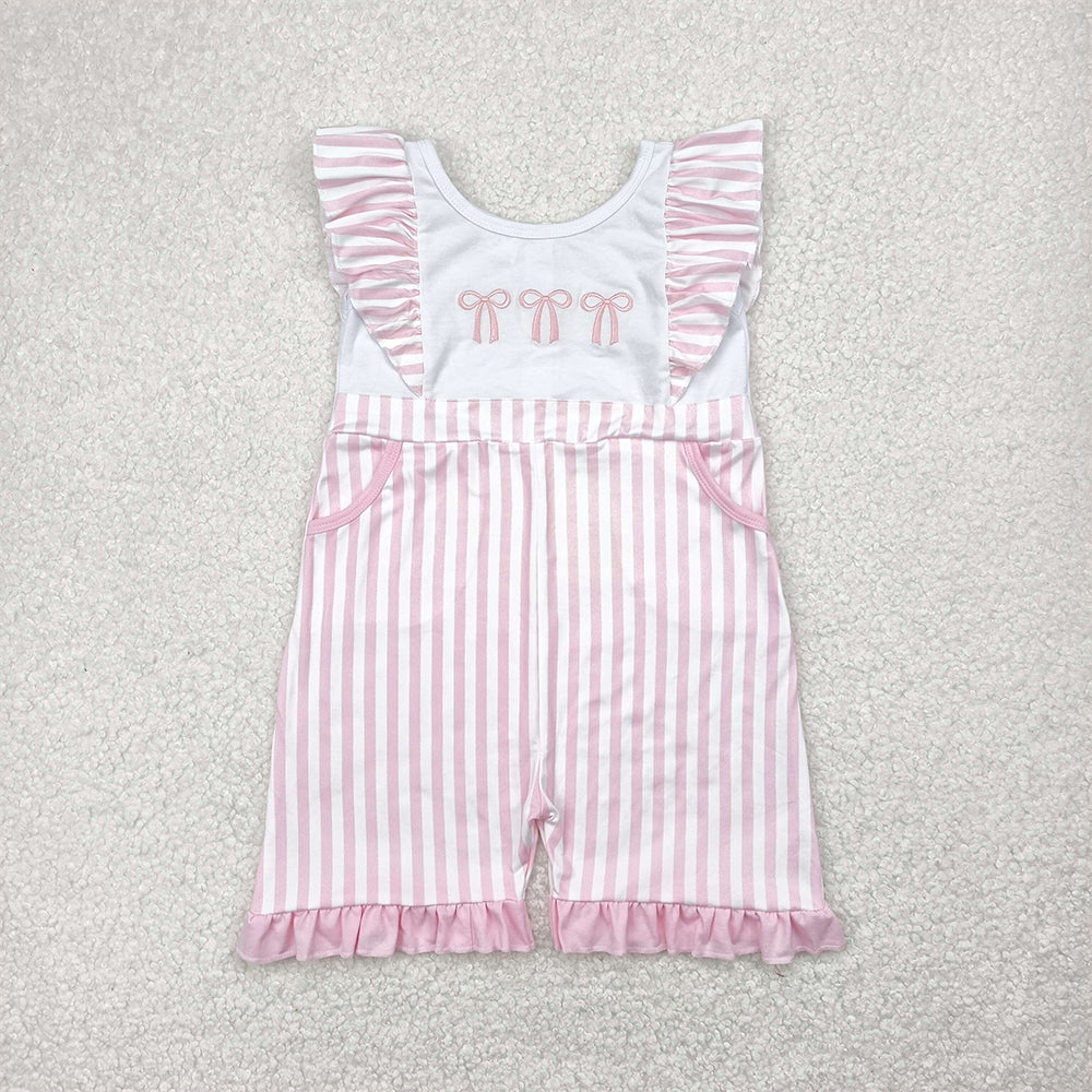 6.12  SR3025 RTS NO MOQ Baby Girls Summer Jumpsuits  Embroidery Pink stripe bow flutter sleeves pockets baby girls jumpsuit