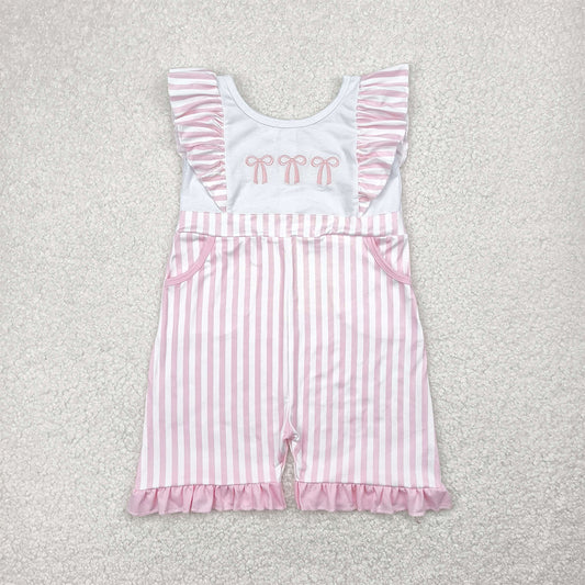 6.12  SR3025 RTS NO MOQ Baby Girls Summer Jumpsuits  Embroidery Pink stripe bow flutter sleeves pockets baby girls jumpsuit