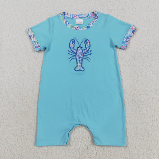 8.22 RTS NO MOQ （In stock）SR3044 Baby Boys Summer Rompers Embroidery Baby Boys Blue Short Sleeves Crayfish Rompers