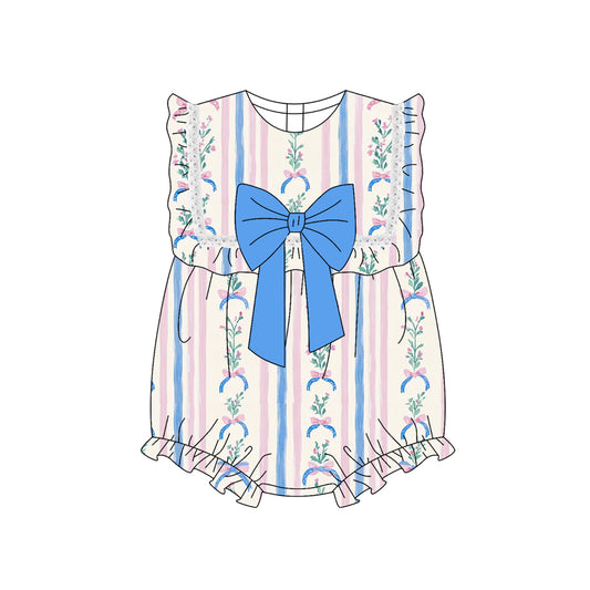 6.11  SR3045 Pre order Baby Girls Summer Rompers baby girl clothes bow floral blue sleeveless romper
