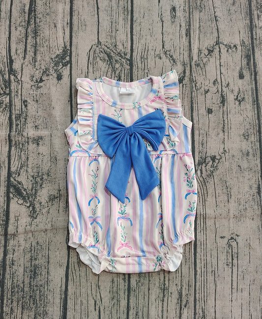 10.3 SR3045 Sample No Moq Baby Girls Sleeveless Pink Blue Flowers Stripe Bow Top Ruffle Rompers