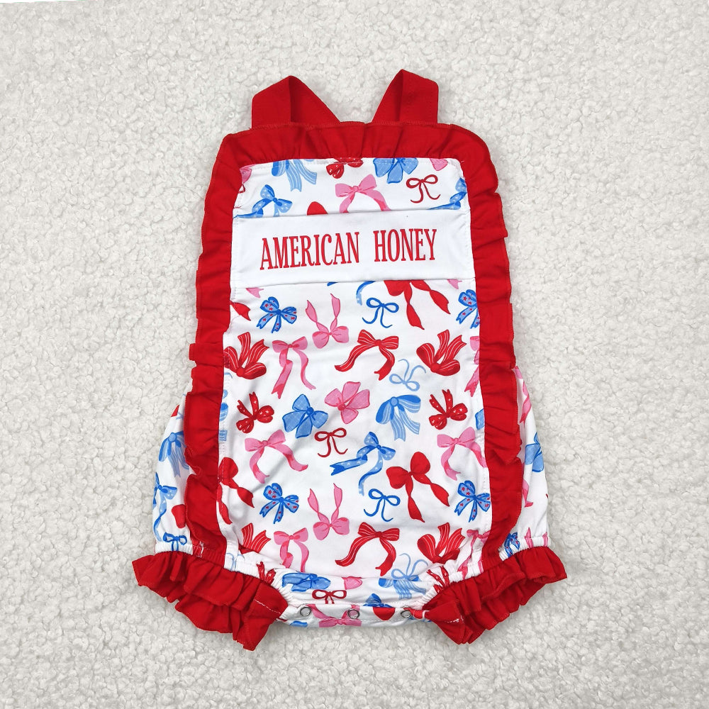 6.30  RTS NO MOQ Baby Girls Summer Outfits  American honey bow top ruffle shorts girls 4th of july clothes rompers
