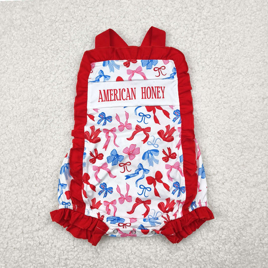 7.22 SR3048 RTS NO MOQ Baby Girls Summer Rompers American honey bows baby girls 4th of july romper