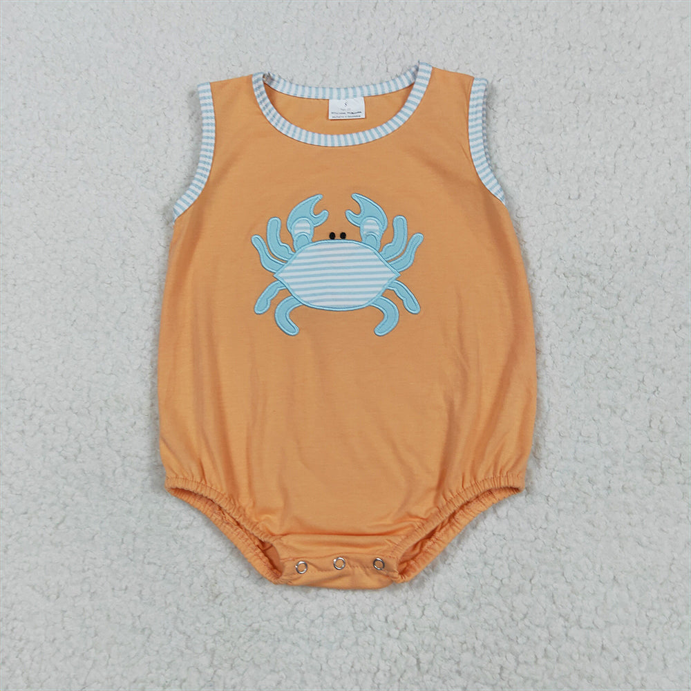 6.19 SR3058RTS NO MOQ Baby Boys Summer Rompers Embroidery Baby Boys Sleeveless Crab Rompers