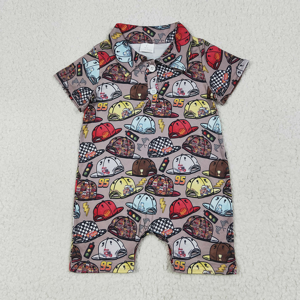 RTS NO MOQ （In stock）SR3067 Baby Boys Summer Rompers Baby Boys Brown Short Sleeves Cartoon Hats Button Rompers