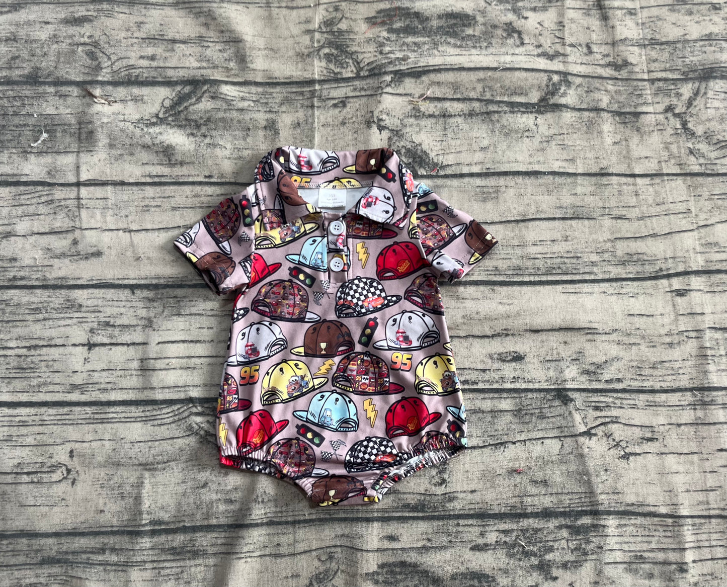 6.18 SR3068Sample No Moq Fast Coming Baby Boys Summer Rompers Baby Boys Brown Short Sleeves Cartoon Hats Button Bummies Rompers