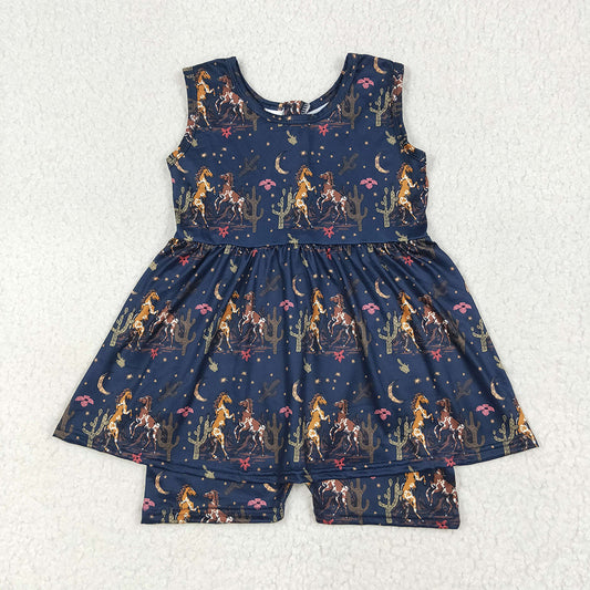 RTS NO MOQ （In stock）SR3071 Baby Girls Summer Jumpsuits Baby Girls Navy Sleeveless Horses Cactus Skort Jumpsuits