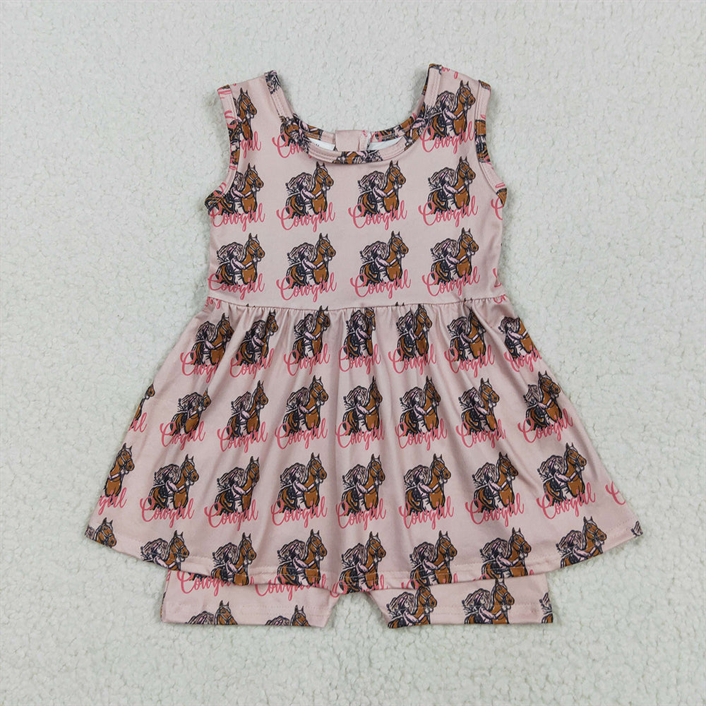 SR3072RTS NO MOQ Baby Girls Summer Jumpsuits Baby Girls Pink Sleeveless Horses Rodeos Cowgirl Skort Jumpsuits