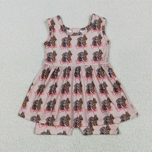 SR3072RTS NO MOQ Baby Girls Summer Jumpsuits Baby Girls Pink Sleeveless Horses Rodeos Cowgirl Skort Jumpsuits