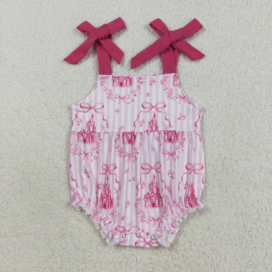 RTS NO MOQ （In stock）SR3077  Baby Girls Summer Rompers Baby Girls Pink Bows Strap Castles Ruffle Rompers