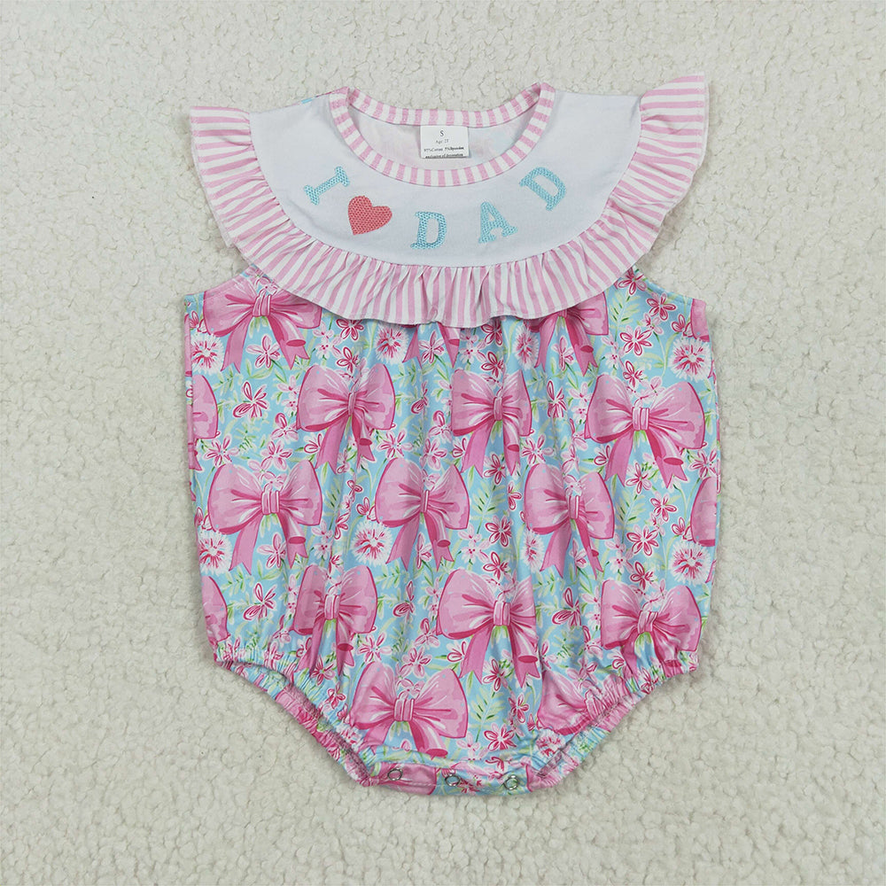 8.11  SR3089 RTS NO MOQ Baby Girls Summer Rompers Embroidery Baby Girls Pink I Love Dad Bows Floral Ruffle Rompers