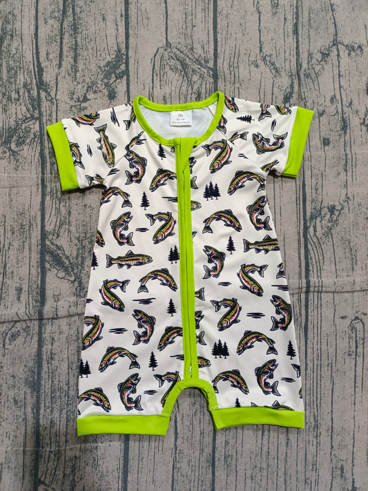 1.21 SR3095 Sample No Moq Baby Infant Boys Green Short Sleeves Fishes Zipper Rompers