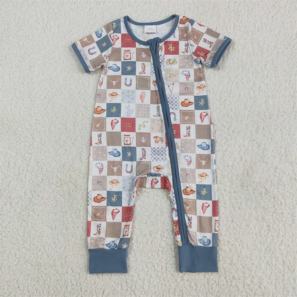 SR3098 RTS NO MOQ Baby Boys Summer Rompers Baby Infant Boys Short Sleeves Boots Cactus Zipper Rompers
