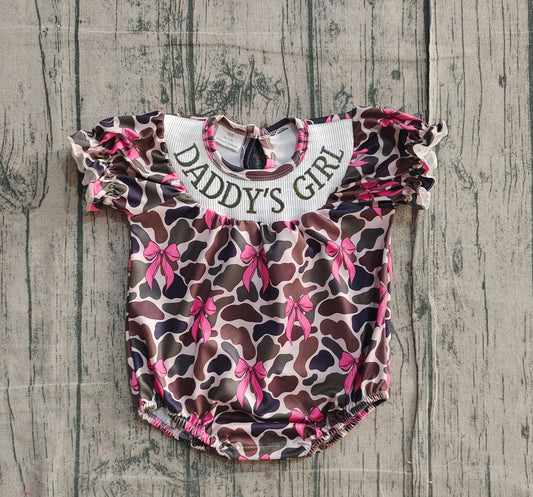 11.26 SR3105 Sample No Moq Smocked Daddy's Girl Short Ruffle Sleeves Brown Camo Bows Rompers