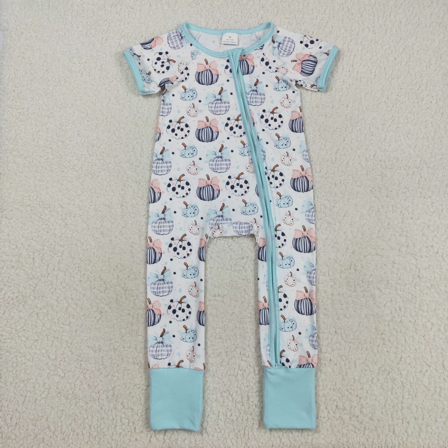 RTS NO MOQ （In stock）SR3109 Baby Girls Winter Rompers Baby Infant Girls Blue Bows Pumpkins Fall Zipper Footie Rompers