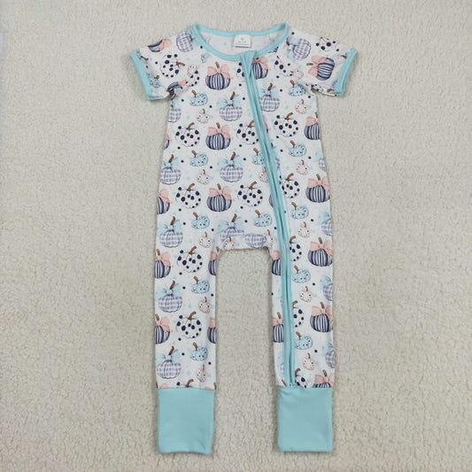 RTS NO MOQ （In stock）SR3109 Baby Girls Winter Rompers Baby Infant Girls Blue Bows Pumpkins Fall Zipper Footie Rompers