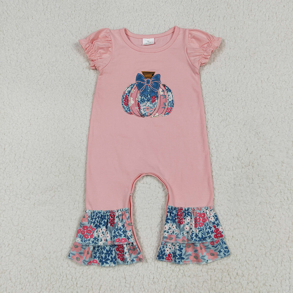 8.15 RTS NO MOQ （In stock） SR3112 Baby Girls Summer Rompers Embroidery Baby Girls Pink Short Ruffle Sleeves Floral Pumpkins Rompers