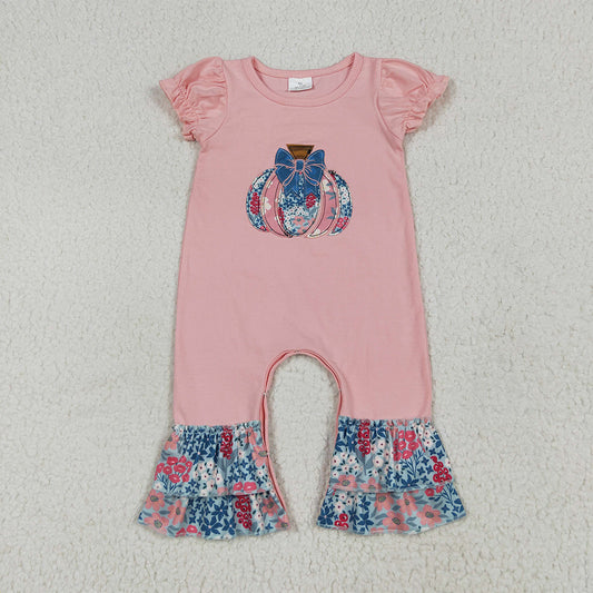 8.15 RTS NO MOQ （In stock） SR3112 Baby Girls Summer Rompers Embroidery Baby Girls Pink Short Ruffle Sleeves Floral Pumpkins Rompers