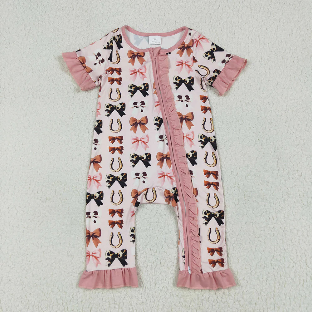10.2 RTS Sibling Baby Girls Pink Western Bows Horse Shoes Rompers Pajamas