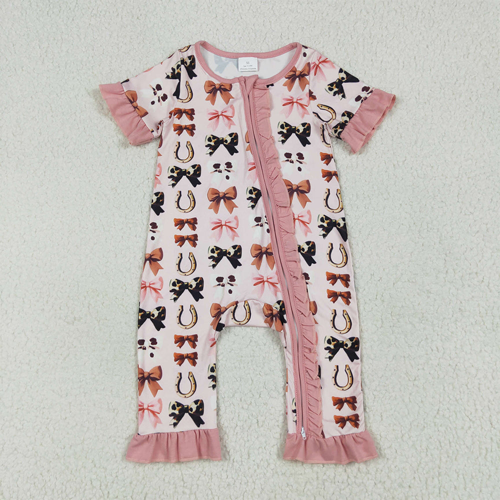 RTS NO MOQ （In stock）SR3116  Baby Girls Summer Rompers Baby Girls Pink Short Ruffle Sleeves Bows Horse Shoes Zipper Rompers