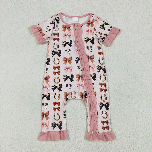 RTS NO MOQ （In stock）SR3116  Baby Girls Summer Rompers Baby Girls Pink Short Ruffle Sleeves Bows Horse Shoes Zipper Rompers