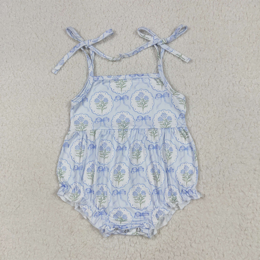 SR3117 RTS NO MOQ Baby Girls Summer Rompers Straps blue bow floral baby girls summer romper