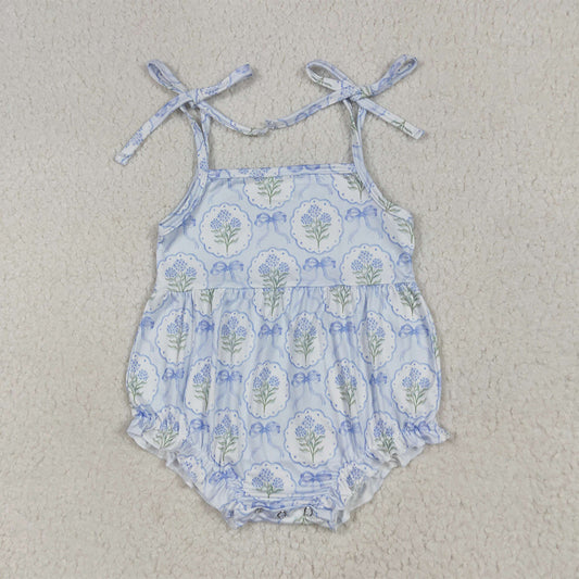 SR3117 RTS NO MOQ Baby Girls Summer Rompers Straps blue bow floral baby girls summer romper