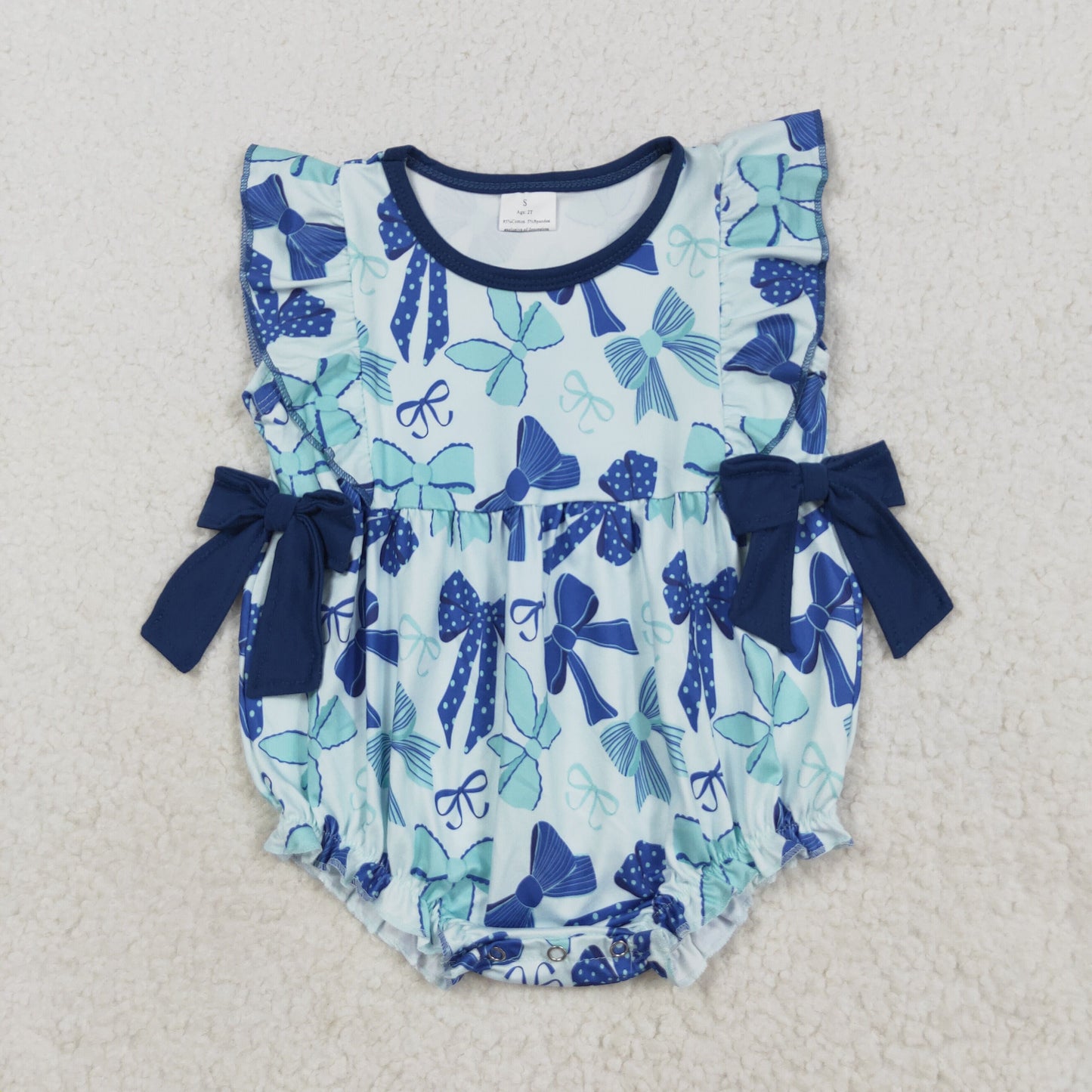 RTS NO MOQ （In stock）SR3121  Baby Girls Summer Rompers Baby Girls Hot Blue Flutter Sleeves Bows Ruffle Rompers
