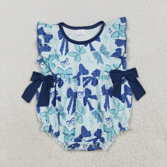 RTS NO MOQ （In stock）SR3121  Baby Girls Summer Rompers Baby Girls Hot Blue Flutter Sleeves Bows Ruffle Rompers