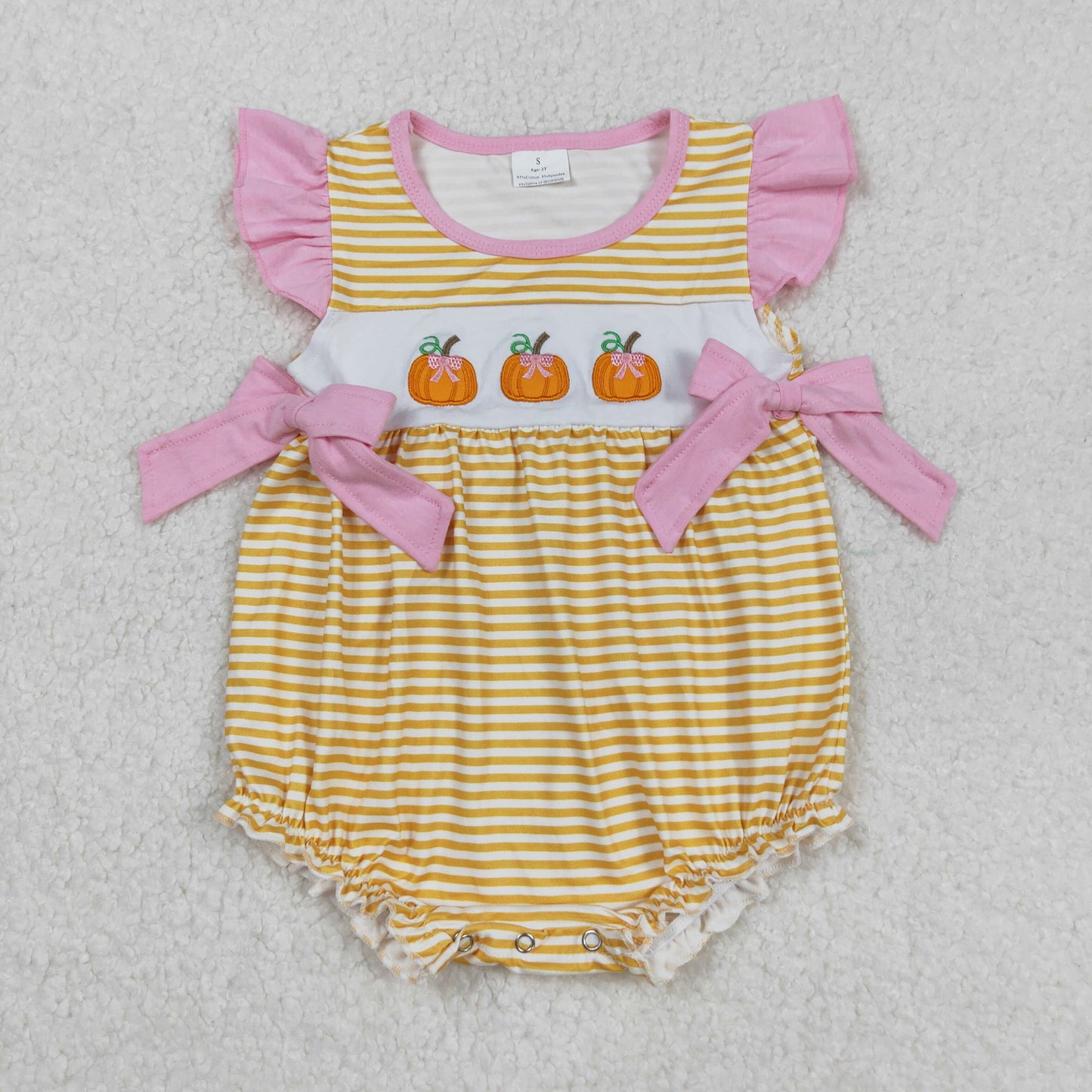 RTS NO MOQ （In stock）SR3125  Baby Girls Summer Rompers Embroidery Baby Girls Flutter Sleeves Yellow Stripe Pumpkins Ruffle Rompers