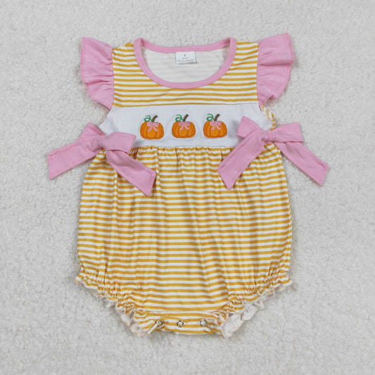 RTS NO MOQ （In stock）SR3125  Baby Girls Summer Rompers Embroidery Baby Girls Flutter Sleeves Yellow Stripe Pumpkins Ruffle Rompers