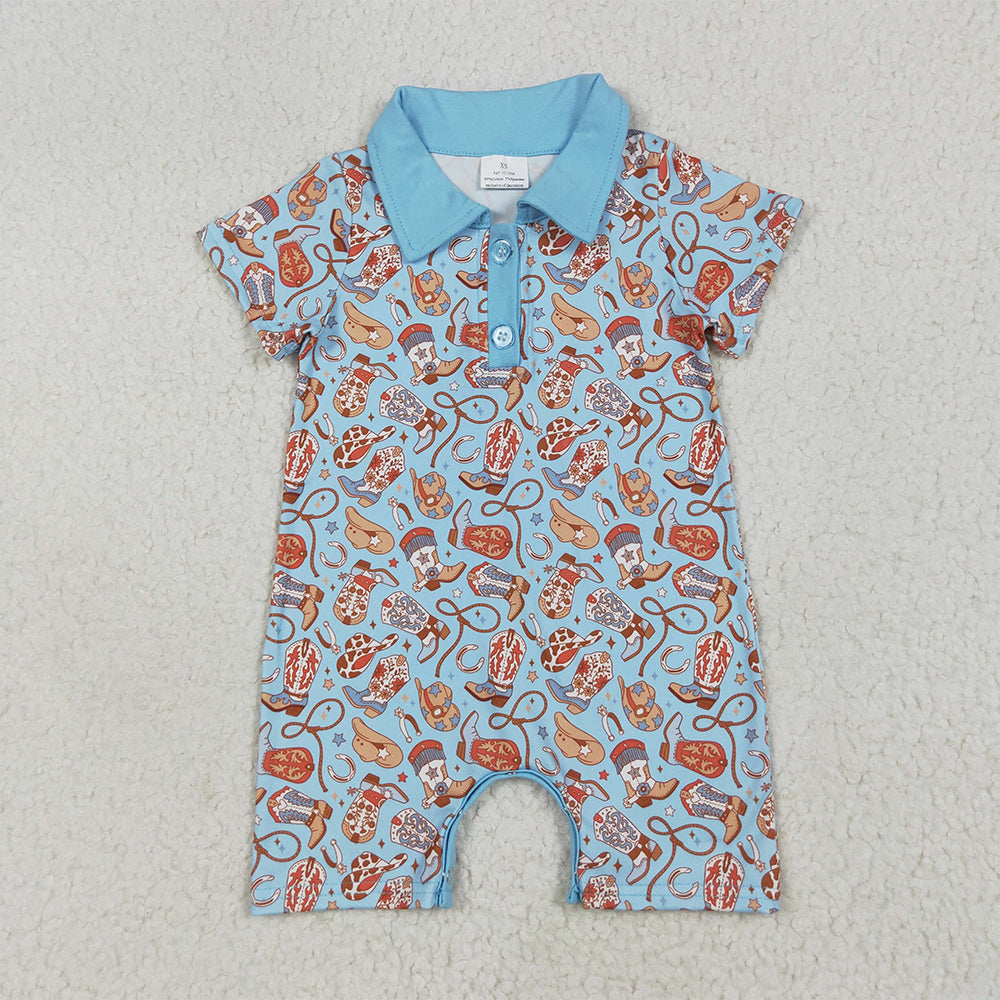 8.18  SR3128 RTS NO MOQ Baby Boys Summer Rompers Baby Kids Blue Short Sleeves Boots Hats Button Rompers