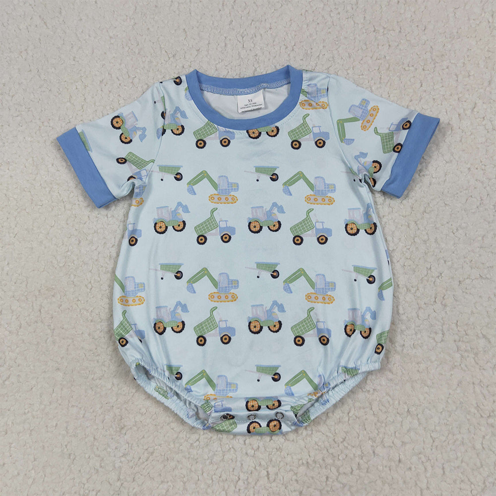 SR3142 RTS NO MOQ Baby Boys Summer Rompers Baby Boys Short Sleeves Blue Excavators Plaid Rompers