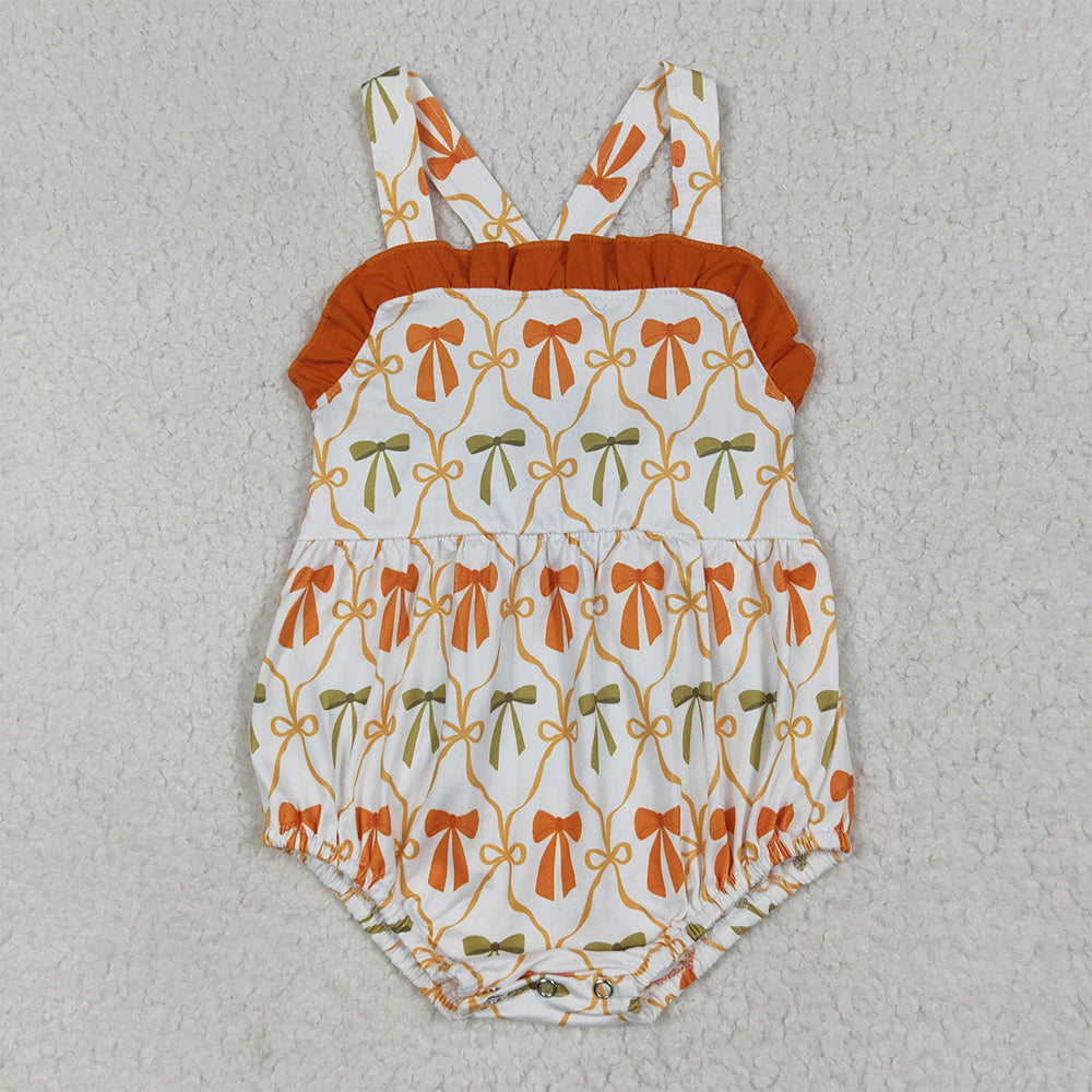 RTS NO MOQ （In stock）SR3148 Baby Girls Summer Rompers Baby Girls Strap Orange Bows Plaid Ruffle Rompers