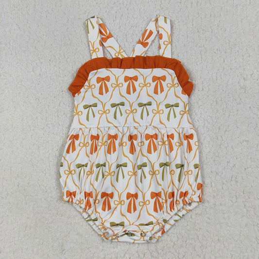 RTS NO MOQ （In stock）SR3148 Baby Girls Summer Rompers Baby Girls Strap Orange Bows Plaid Ruffle Rompers