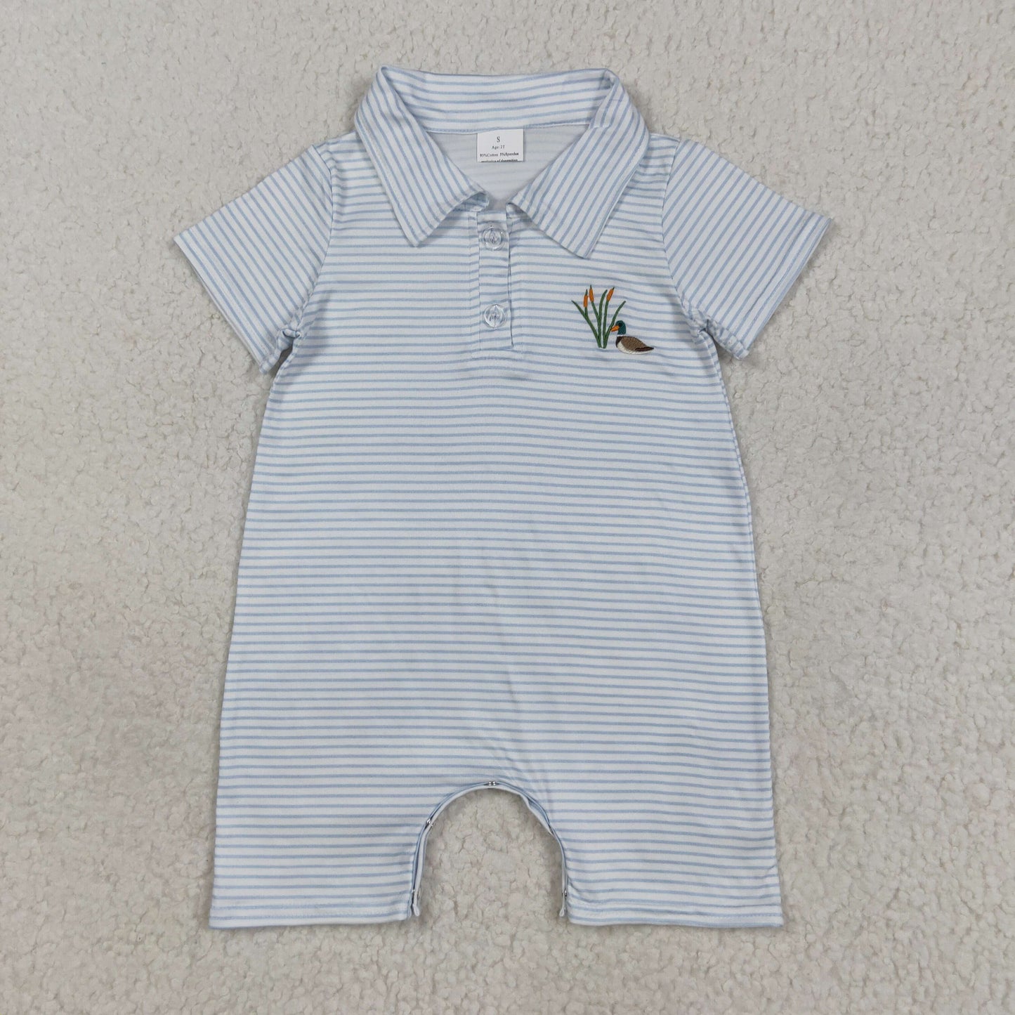 RTS NO MOQ （In stock）SR3149 Baby Boys Summer Rompers Embroidery Baby Boys Blue Stripe Short Sleeves Duck Button Shorts Rompers