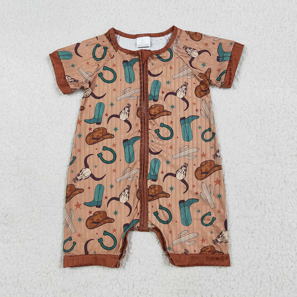 RTS NO MOQ （In stock）SR3155 Baby Boys Summer Rompers Baby BoysWestern Ribbed Short Sleeve Romper