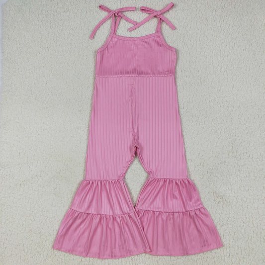 RTS NO MOQ （In stock）SR3156 Baby Girls Summer Jumpsuits Baby Girls Pink Strap Bell Bottom Ribbed Jumpsuits